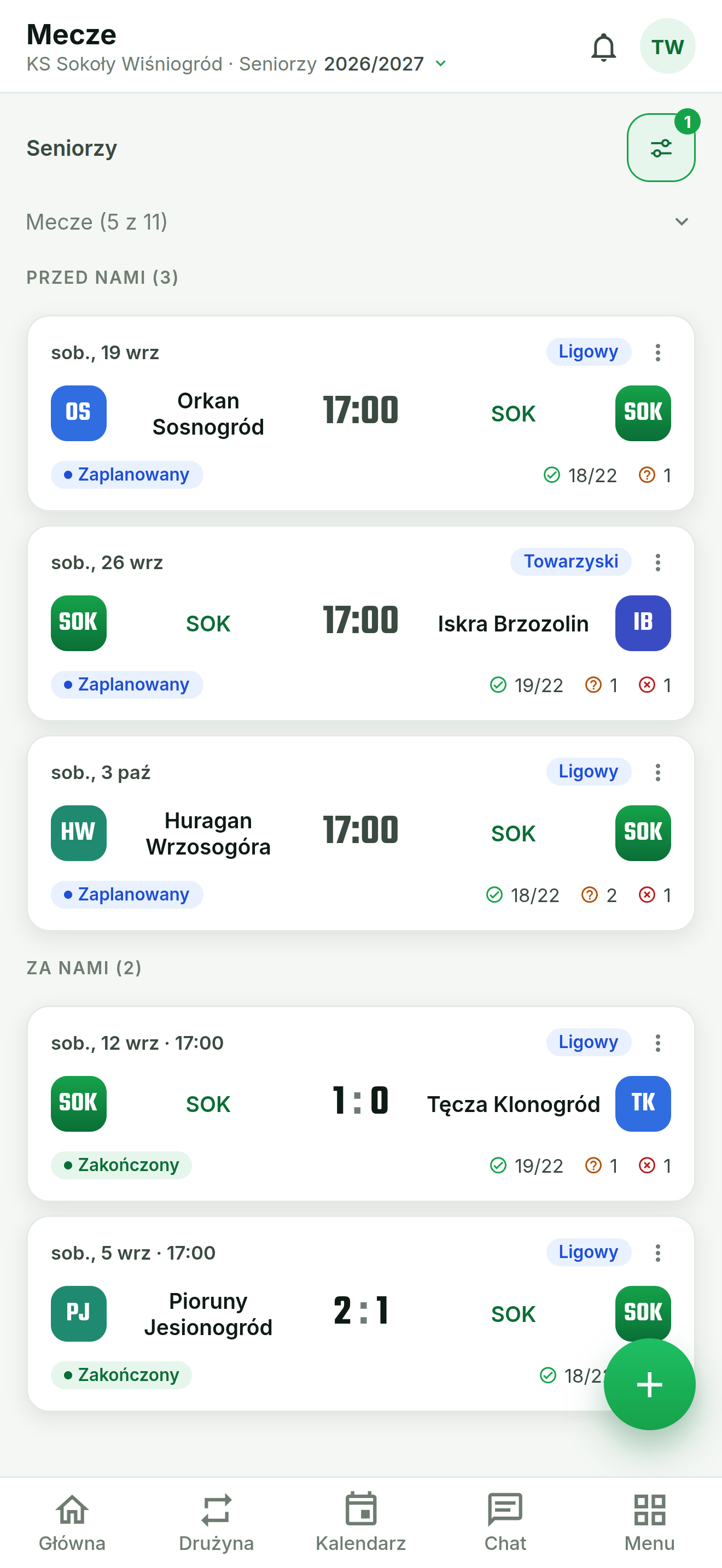 Lista meczów w aplikacji Team Mate Pro