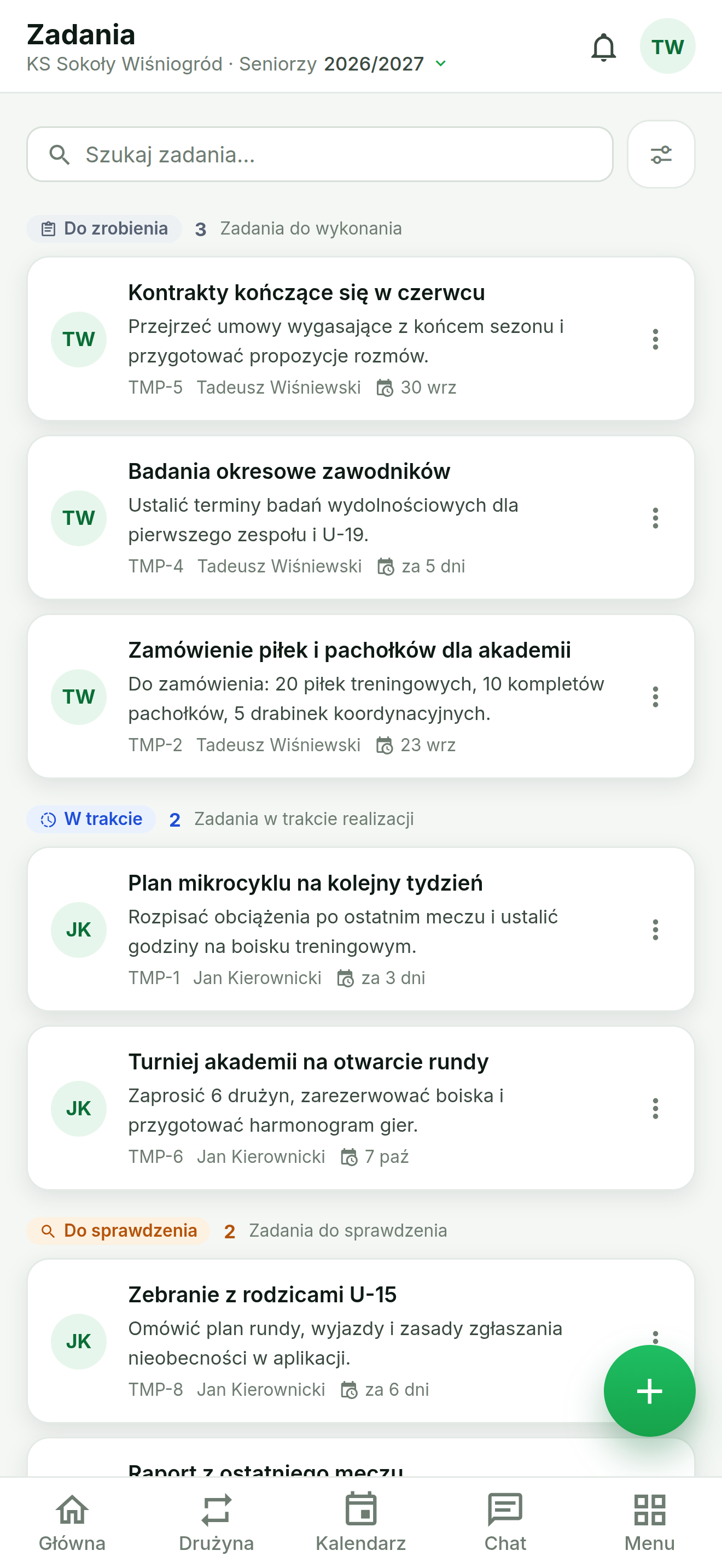 Tablica zadań w aplikacji Team Mate Pro