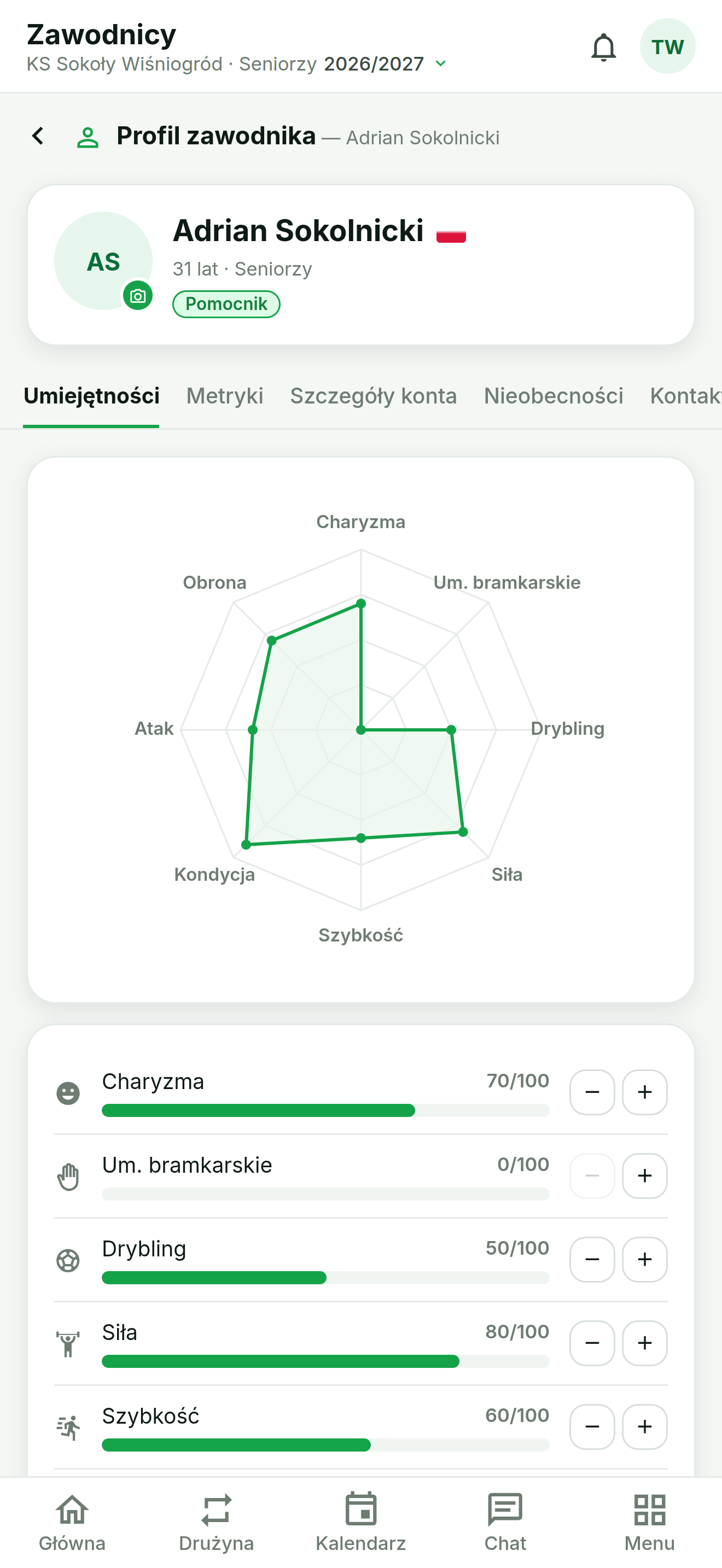 Profil zawodnika w aplikacji Team Mate Pro