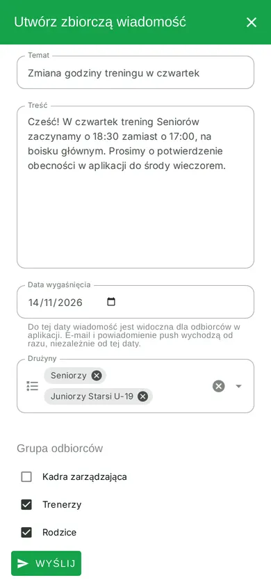 Komunikat zbiorczy do zawodników, rodziców i trenerów — w aplikacji, e-mailem i powiadomieniem push