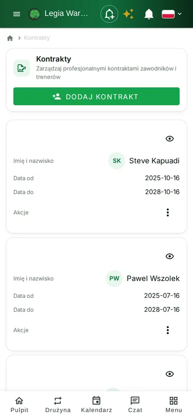 Kontrakty zawodników i trenerów z datami obowiązywania w jednym miejscu