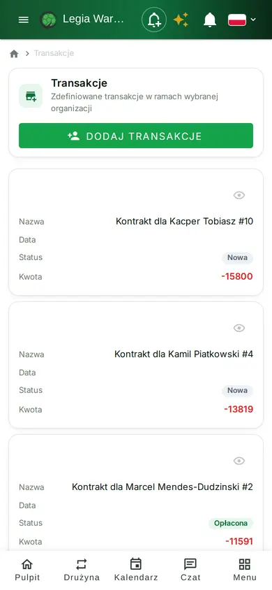 Transakcje klubu z kategoriami i statusem płatności