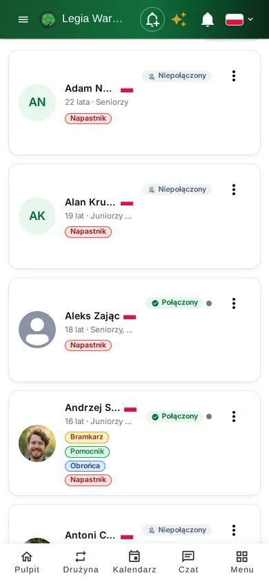 Karty zawodników na telefonie: pozycje, drużyny i status konta