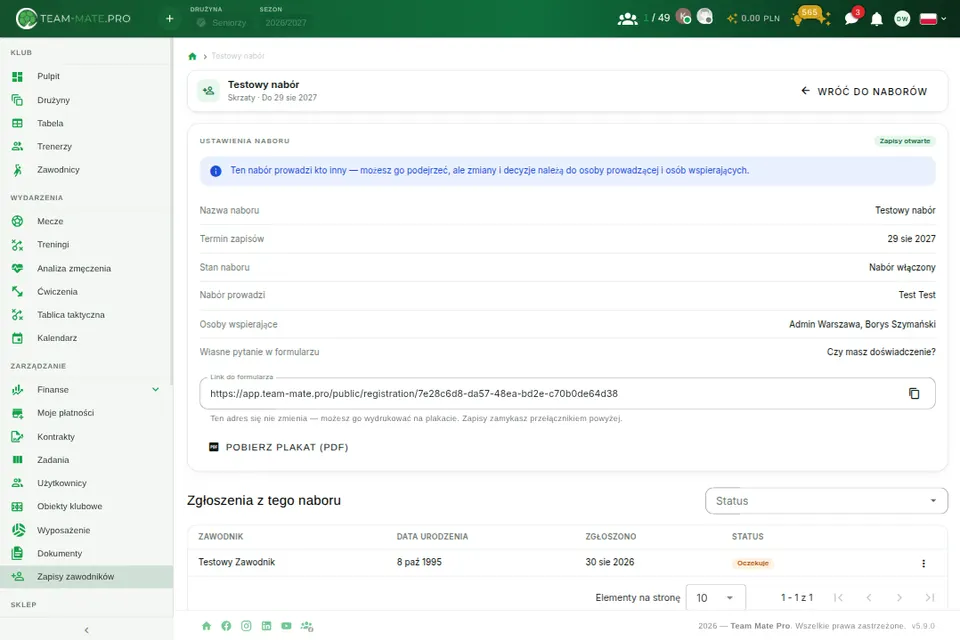 Nabór w panelu: termin zapisów, osoby prowadzące, link do formularza, plakat PDF i lista zgłoszeń