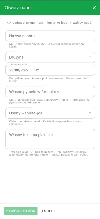 Otwieranie naboru na telefonie: drużyna, termin, własne pytanie i tekst na plakacie