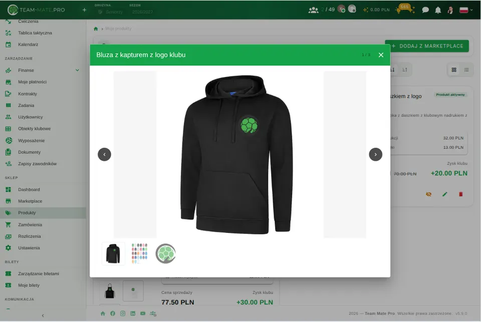 Podgląd produktu z herbem klubu i dostępnymi kolorami