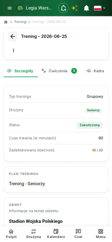 Szczegóły treningu z planem, obiektem i prognozą pogody