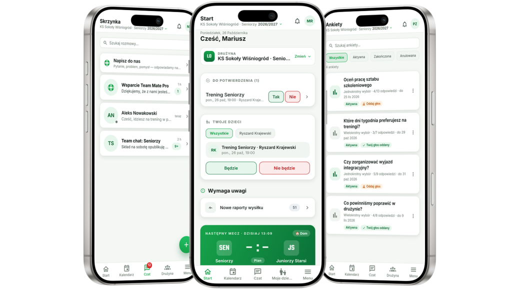 Podgląd aplikacji mobilnej z ekranem głównym, czatami i ankietami